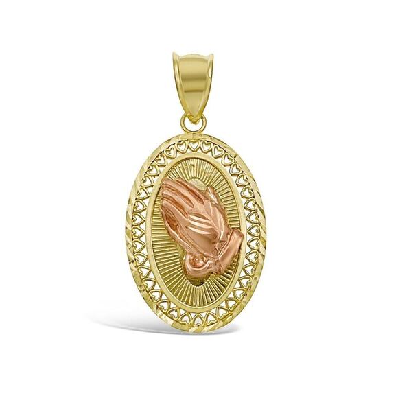 Praying Hands Oval Pendant Charm 10k Yellow Rose Gold 1.3 inch - Picture 1 of 2